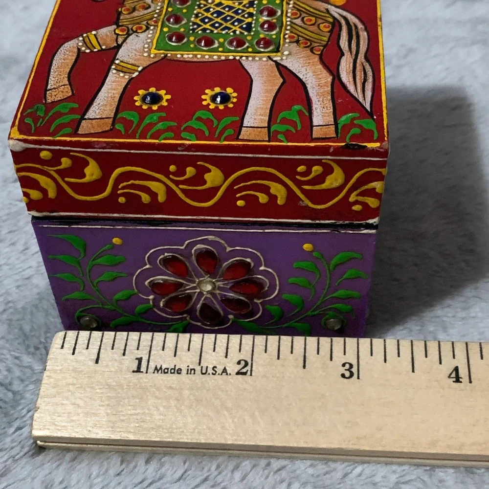 World Market Hand Painted Horse Jewelry Trinket Box Mango Wood India Gem Accents